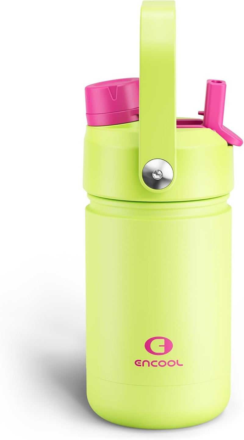 ENCOOL Kids Insulated Water Bottle with Straw - 12oz Stainless Steel Water Bottle with Dual Spouts, Leak-Proof, BPA-Free, Double Wall Vacuum Keeps Cold for 24 Hours for Sports, Travel, School (Acid Green) - Image 1